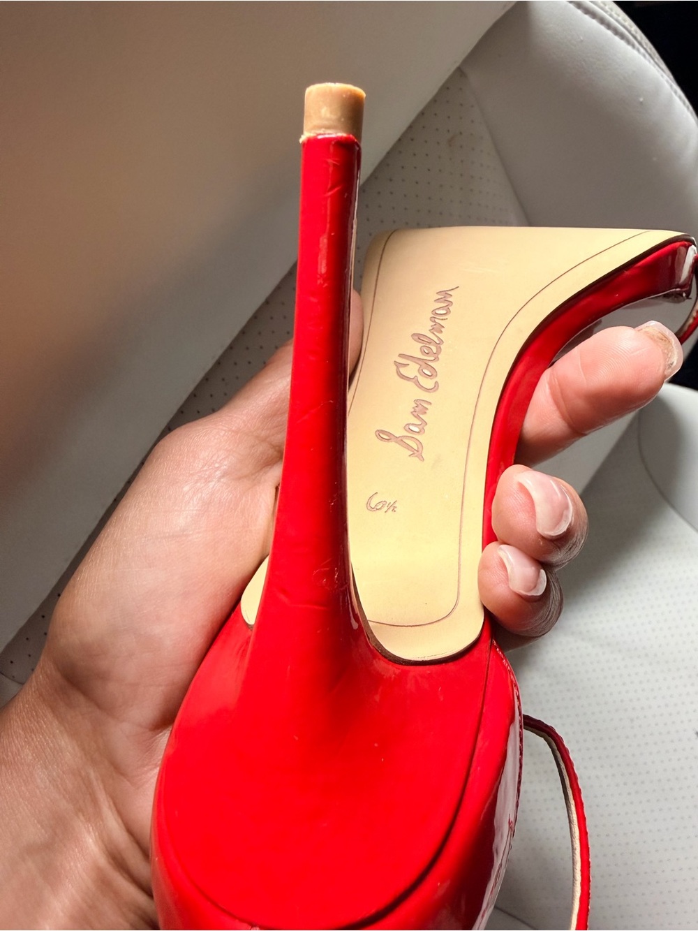 Sam Edelman Red Patent Ankle-Strap Heels with Gold Accents - Picture 14 of 17